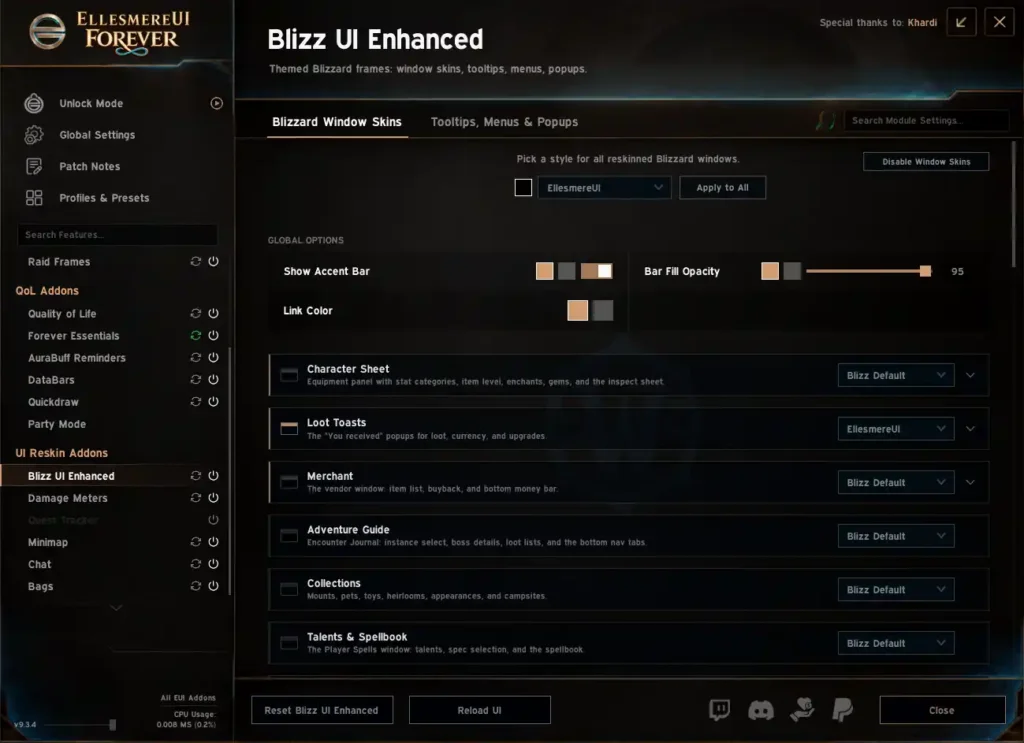 EllesmereUI profile Blizz UI Enhanced settings with reskin dropdowns set to Blizz Default