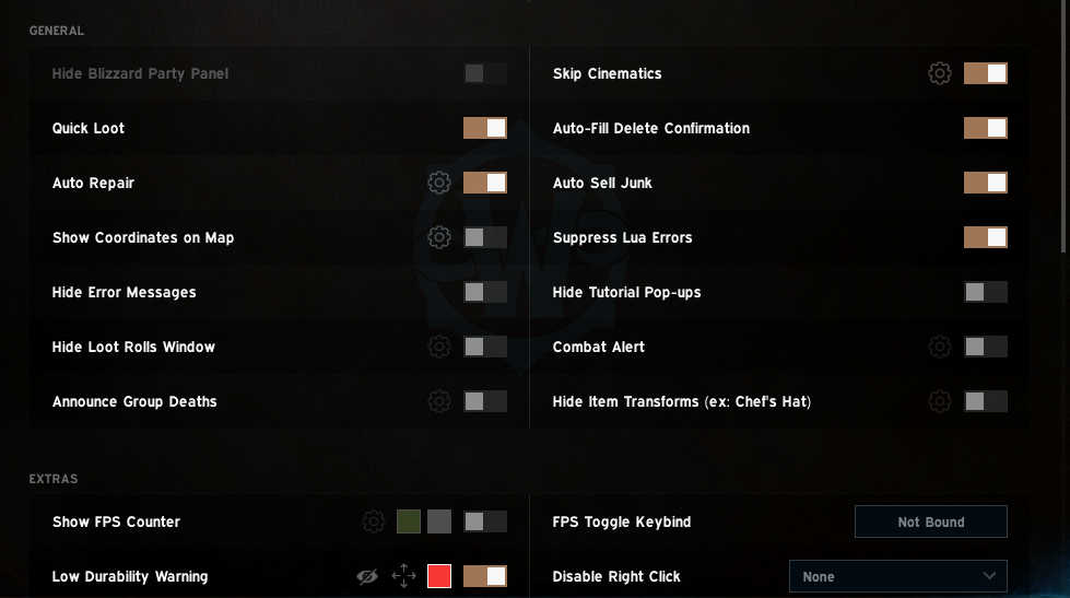 Install EllesmereUI: built-in quality-of-life settings including Quick Loot, Auto Repair, Auto Sell Junk and FPS Counter