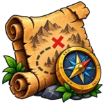 Treasure map and compass representing farming routes